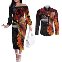 Papua New Guinea Personalised Couples Matching Off The Shoulder Long Sleeve Dress and Long Sleeve Button Shirt Grunge Style 49th Independence Anni LT7 Black Red - Polynesian Pride