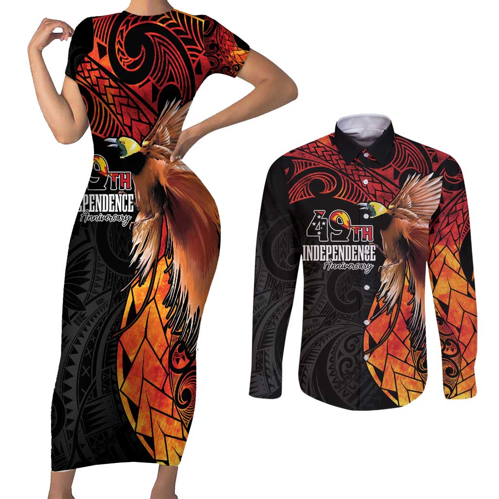 Papua New Guinea Personalised Couples Matching Short Sleeve Bodycon Dress and Long Sleeve Button Shirt Grunge Style 49th Independence Anni LT7 Black Red - Polynesian Pride