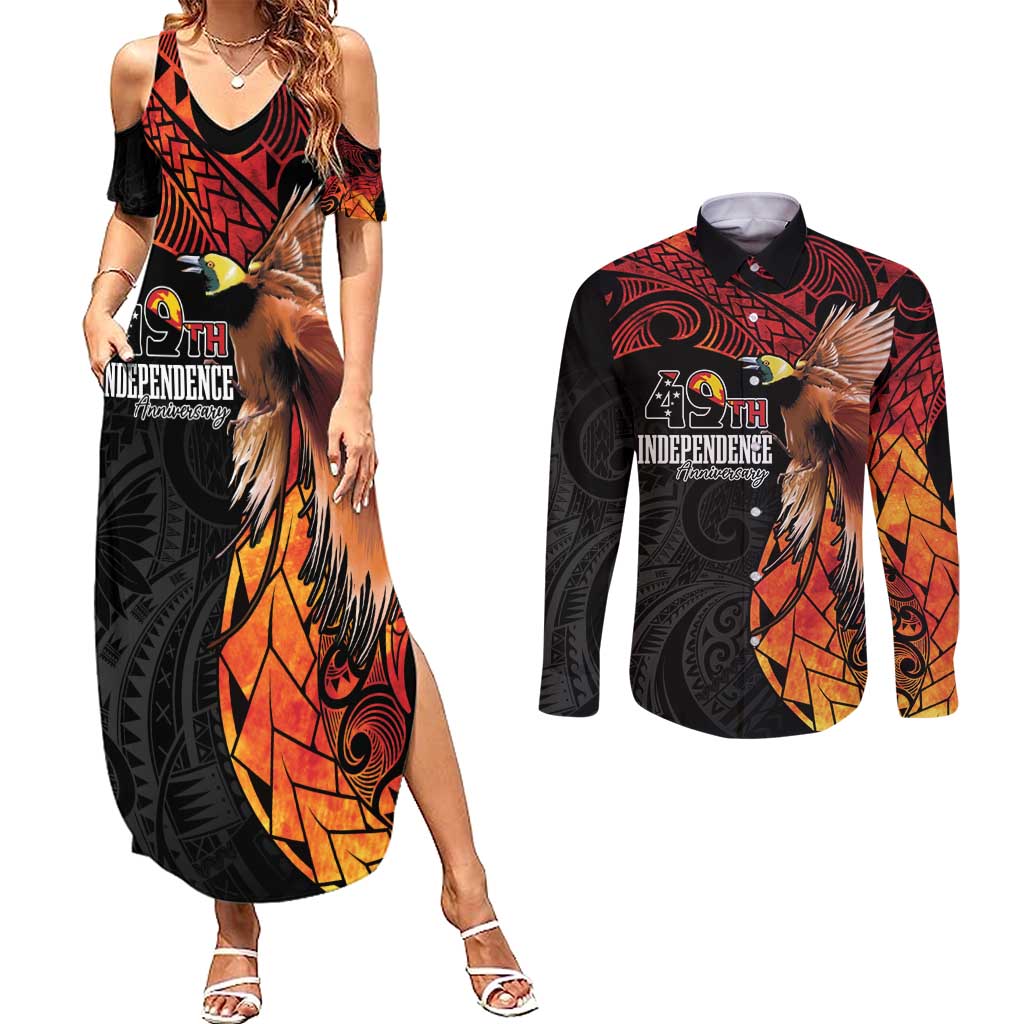 Papua New Guinea Personalised Couples Matching Summer Maxi Dress and Long Sleeve Button Shirt Grunge Style 49th Independence Anni LT7 Black Red - Polynesian Pride