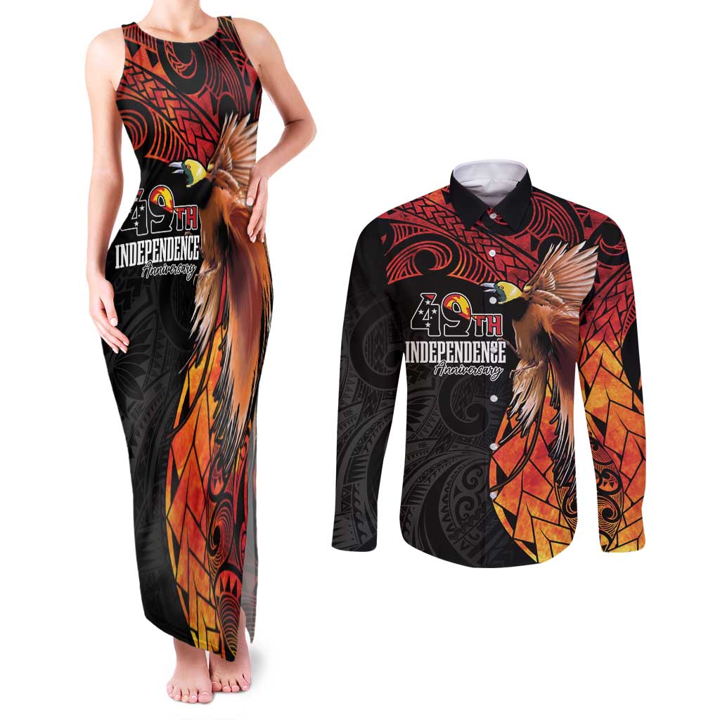 Papua New Guinea Personalised Couples Matching Tank Maxi Dress and Long Sleeve Button Shirt Grunge Style 49th Independence Anni LT7 Black Red - Polynesian Pride