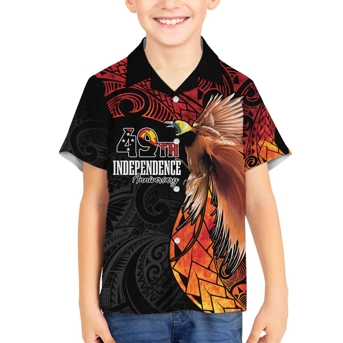 Papua New Guinea Personalised Family Matching Off The Shoulder Long Sleeve Dress and Hawaiian Shirt Grunge Style 49th Independence Anni LT7 Son's Shirt Black Red - Polynesian Pride