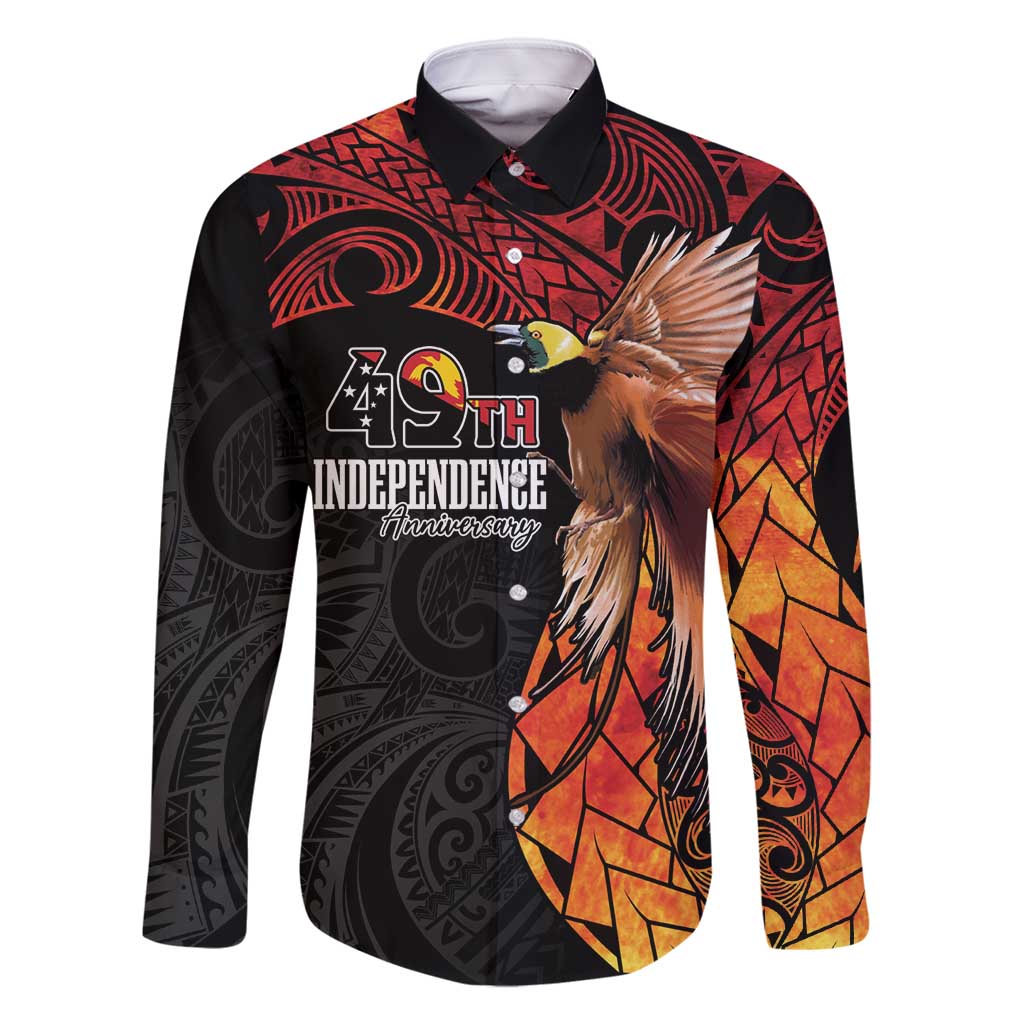 Papua New Guinea Personalised Family Matching Tank Maxi Dress and Hawaiian Shirt Grunge Style 49th Independence Anni LT7 Dad's Shirt - Long Sleeve Black Red - Polynesian Pride