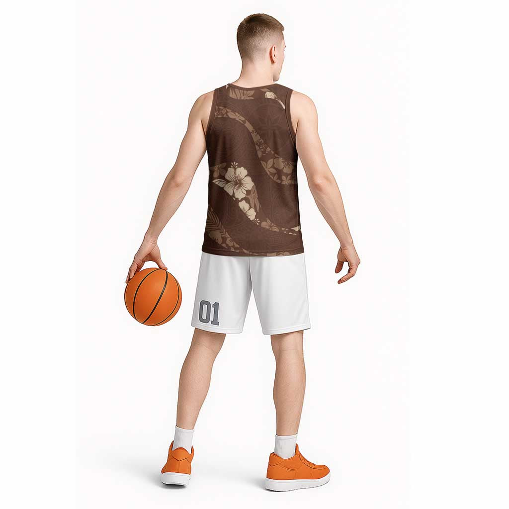 Aloha Hawaii Floral Tapa Basketball Jersey Patchwork Mocha - Polynesian Pride