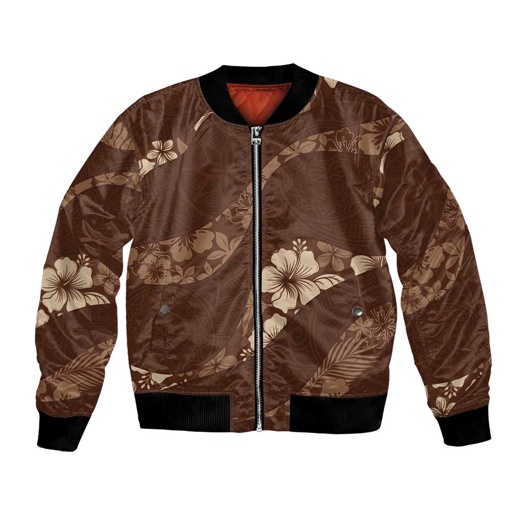 Aloha Hawaii Floral Tapa Bomber Jacket Patchwork Mocha LT7 Unisex Mocha - Polynesian Pride