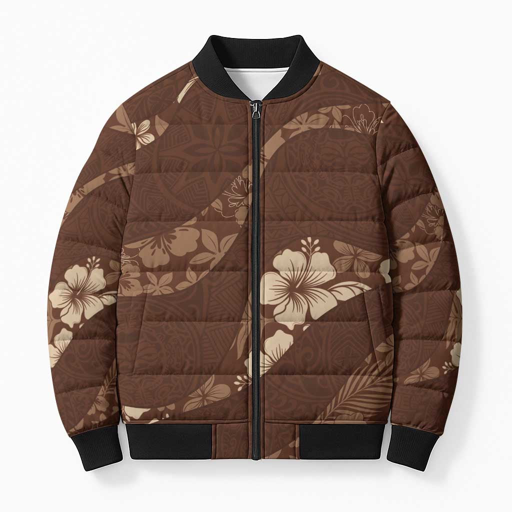 Aloha Hawaii Floral Tapa Bomber Puffer Jacket Patchwork Mocha - Polynesian Pride