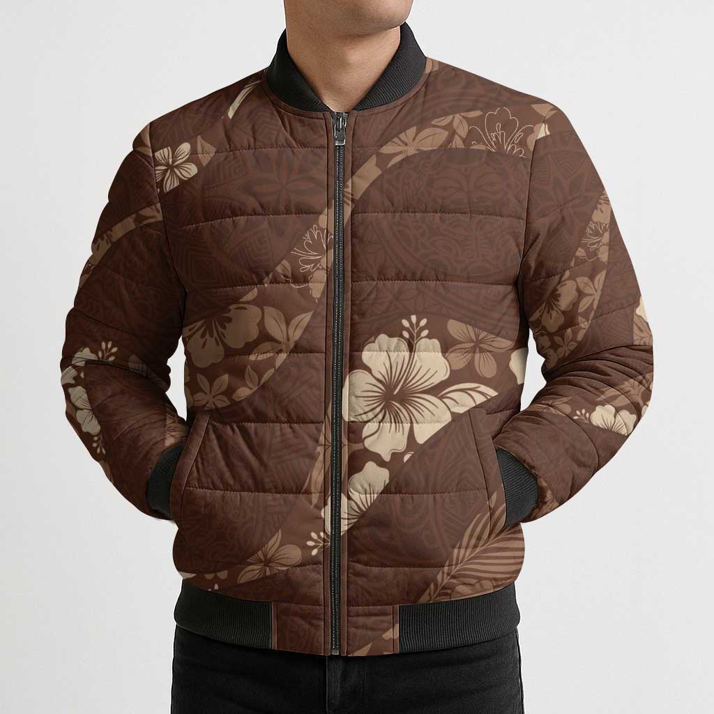Aloha Hawaii Floral Tapa Bomber Puffer Jacket Patchwork Mocha - Polynesian Pride