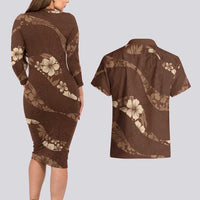 Aloha Hawaii Floral Tapa Couples Matching Long Sleeve Bodycon Dress and Hawaiian Shirt Patchwork Mocha - Polynesian Pride