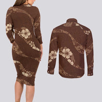 Aloha Hawaii Floral Tapa Couples Matching Long Sleeve Bodycon Dress and Long Sleeve Button Shirt Patchwork Mocha - Polynesian Pride