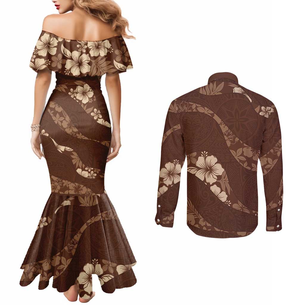 Aloha Hawaii Floral Tapa Couples Matching Mermaid Dress and Long Sleeve Button Shirt Patchwork Mocha - Polynesian Pride