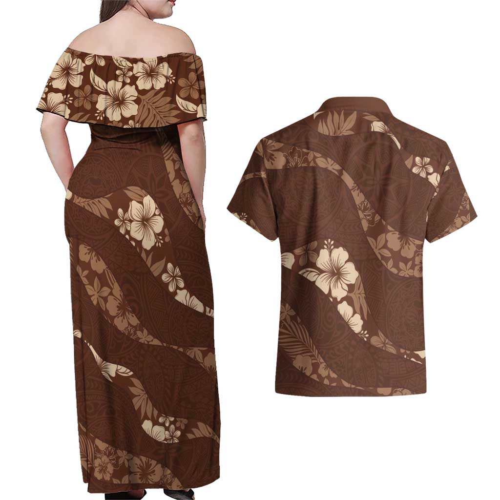 Aloha Hawaii Floral Tapa Couples Matching Off Shoulder Maxi Dress and Hawaiian Shirt Patchwork Mocha - Polynesian Pride