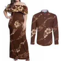 Aloha Hawaii Floral Tapa Couples Matching Off Shoulder Maxi Dress and Long Sleeve Button Shirt Patchwork Mocha - Polynesian Pride
