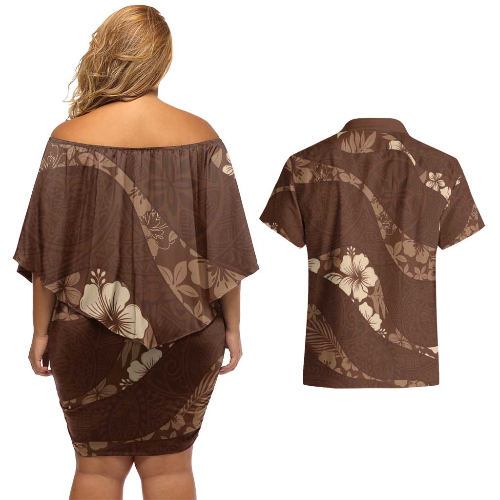Aloha Hawaii Floral Tapa Couples Matching Off Shoulder Short Dress and Hawaiian Shirt Patchwork Mocha - Polynesian Pride