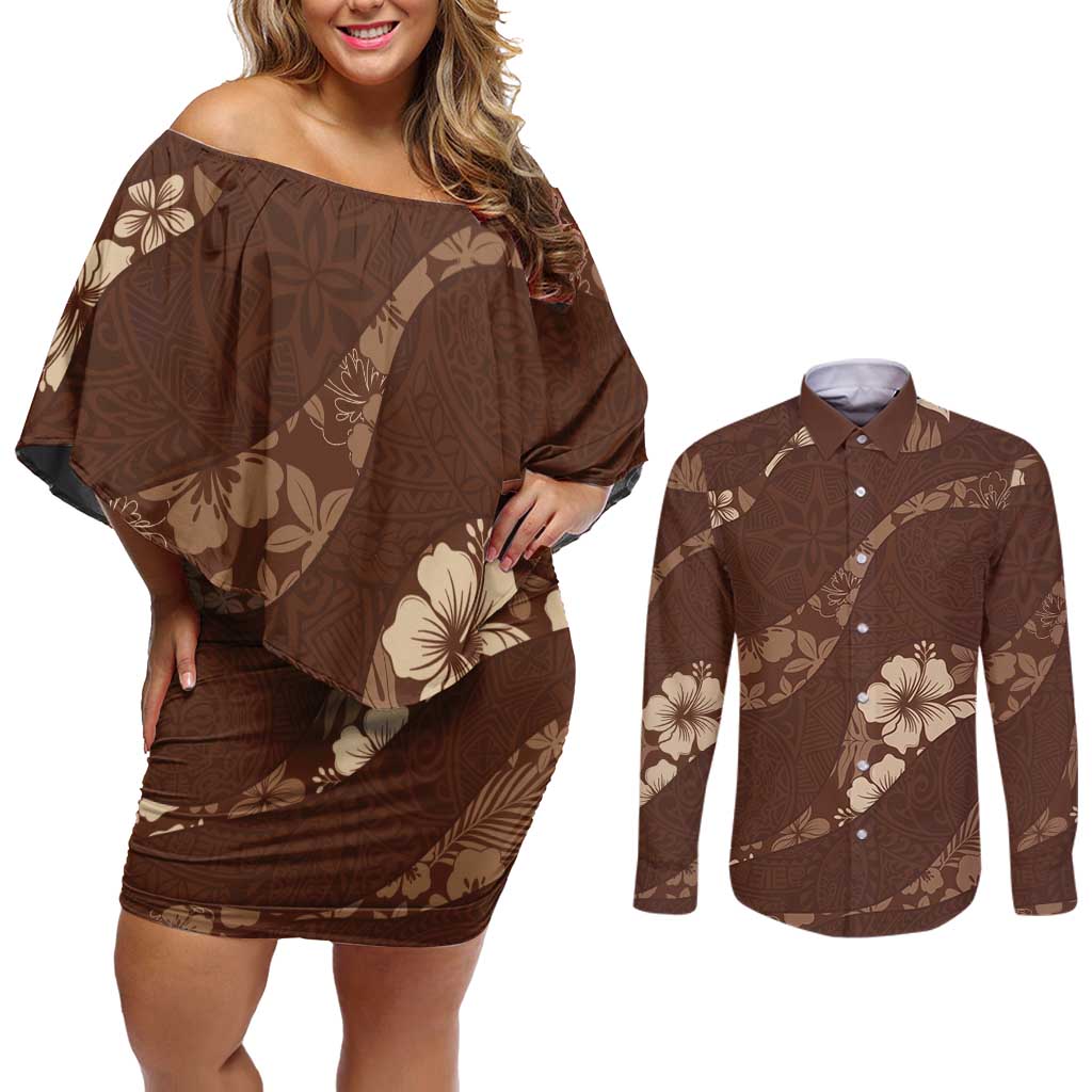Aloha Hawaii Floral Tapa Couples Matching Off Shoulder Short Dress and Long Sleeve Button Shirt Patchwork Mocha - Polynesian Pride