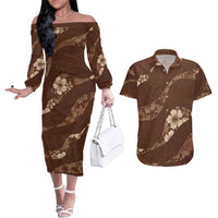 Aloha Hawaii Floral Tapa Couples Matching Off The Shoulder Long Sleeve Dress and Hawaiian Shirt Patchwork Mocha - Polynesian Pride