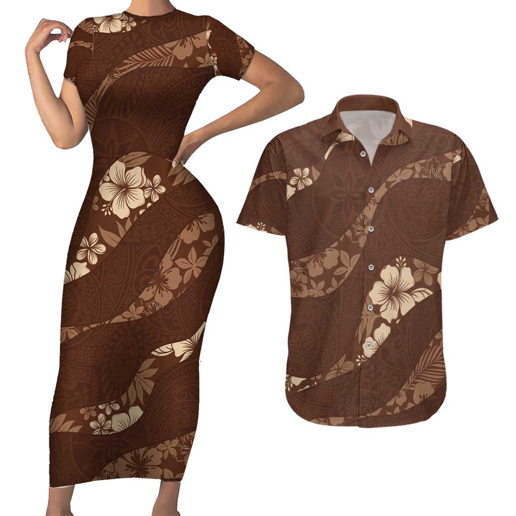 Aloha Hawaii Floral Tapa Couples Matching Short Sleeve Bodycon Dress and Hawaiian Shirt Patchwork Mocha - Polynesian Pride