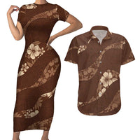 Aloha Hawaii Floral Tapa Couples Matching Short Sleeve Bodycon Dress and Hawaiian Shirt Patchwork Mocha - Polynesian Pride