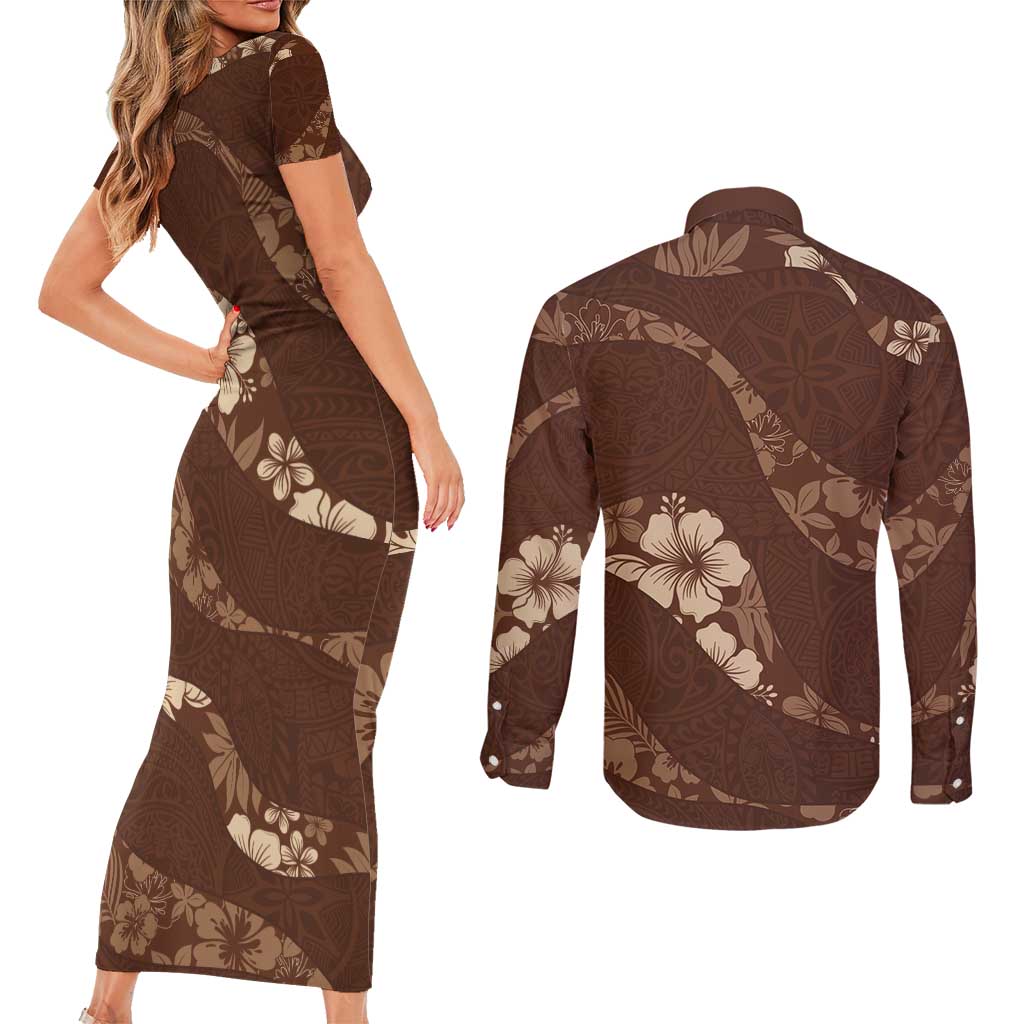 Aloha Hawaii Floral Tapa Couples Matching Short Sleeve Bodycon Dress and Long Sleeve Button Shirt Patchwork Mocha - Polynesian Pride