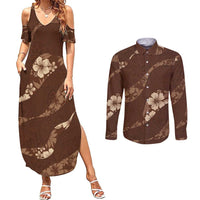 Aloha Hawaii Floral Tapa Couples Matching Summer Maxi Dress and Long Sleeve Button Shirt Patchwork Mocha - Polynesian Pride