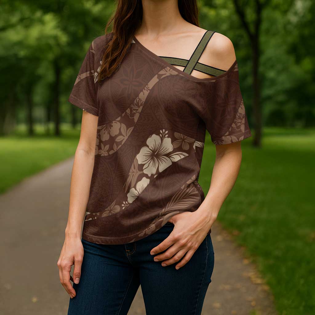 Aloha Hawaii Floral Tapa Cross Shoulder Shirt Patchwork Mocha - Polynesian Pride