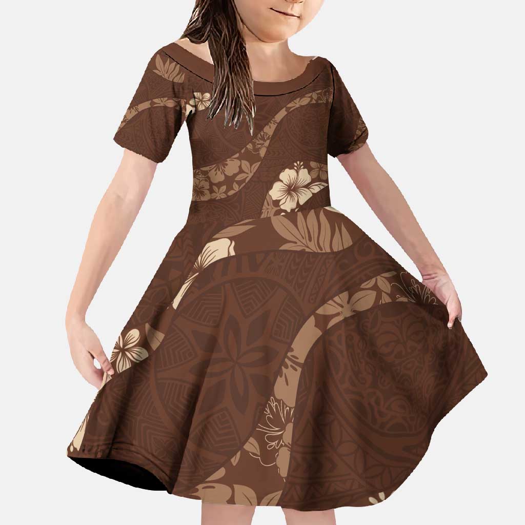 Aloha Hawaii Floral Tapa Family Matching Long Sleeve Bodycon Dress and Hawaiian Shirt Patchwork Mocha - Polynesian Pride