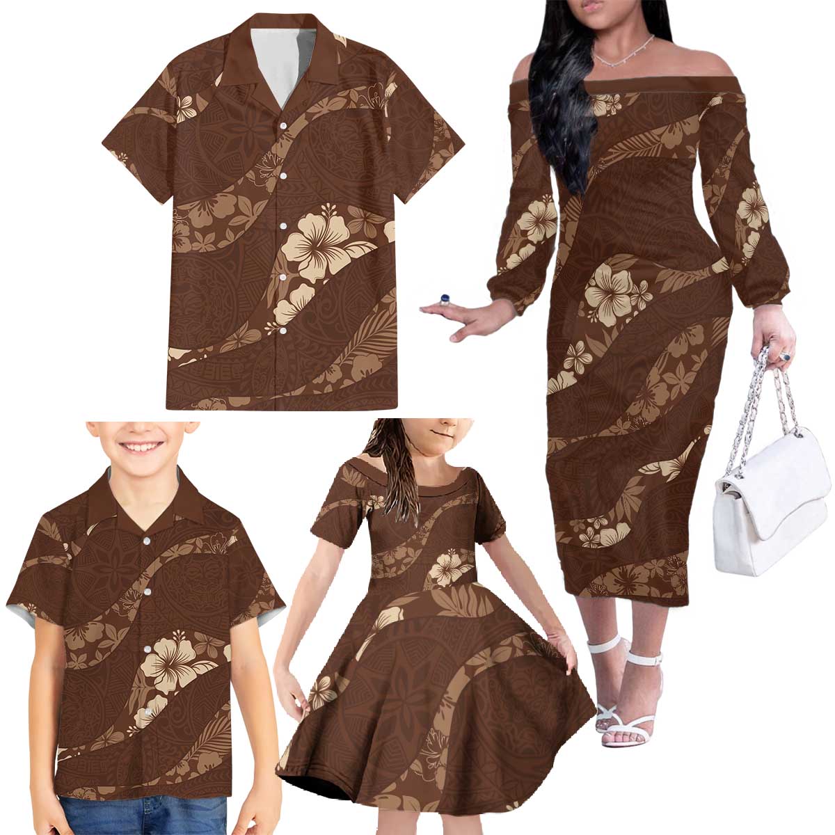 Aloha Hawaii Floral Tapa Family Matching Off The Shoulder Long Sleeve Dress and Hawaiian Shirt Patchwork Mocha - Polynesian Pride