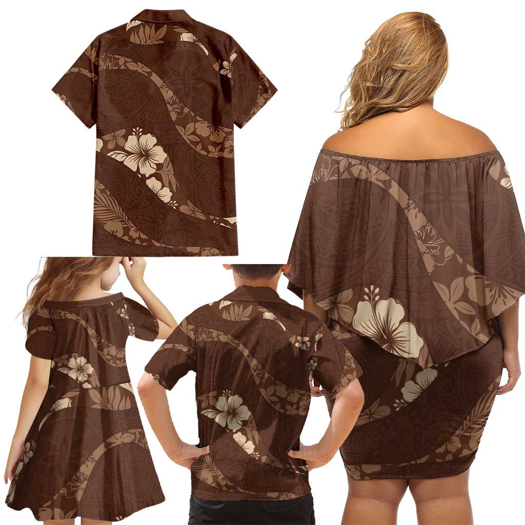 Aloha Hawaii Floral Tapa Family Matching Off Shoulder Short Dress and Hawaiian Shirt Patchwork Mocha - Polynesian Pride