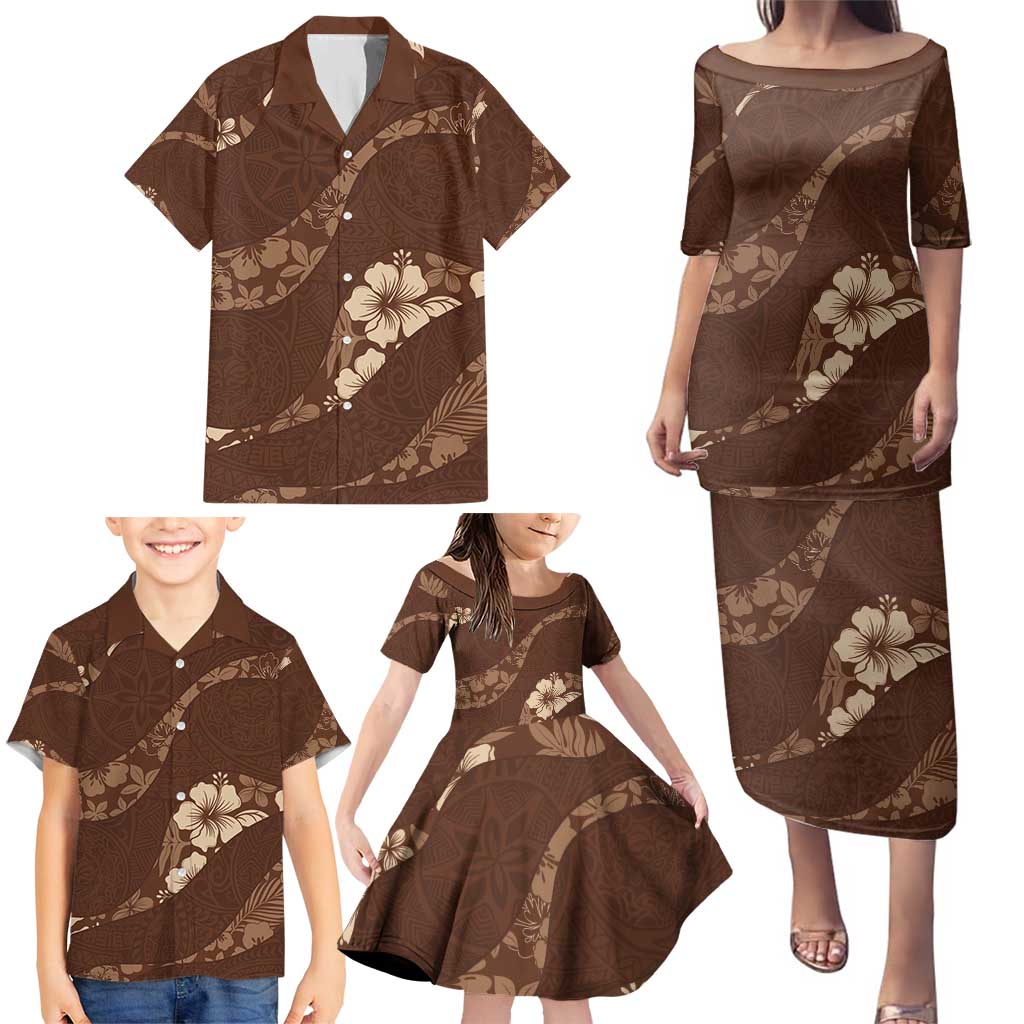 Aloha Hawaii Floral Tapa Family Matching Puletasi and Hawaiian Shirt Patchwork Mocha - Polynesian Pride