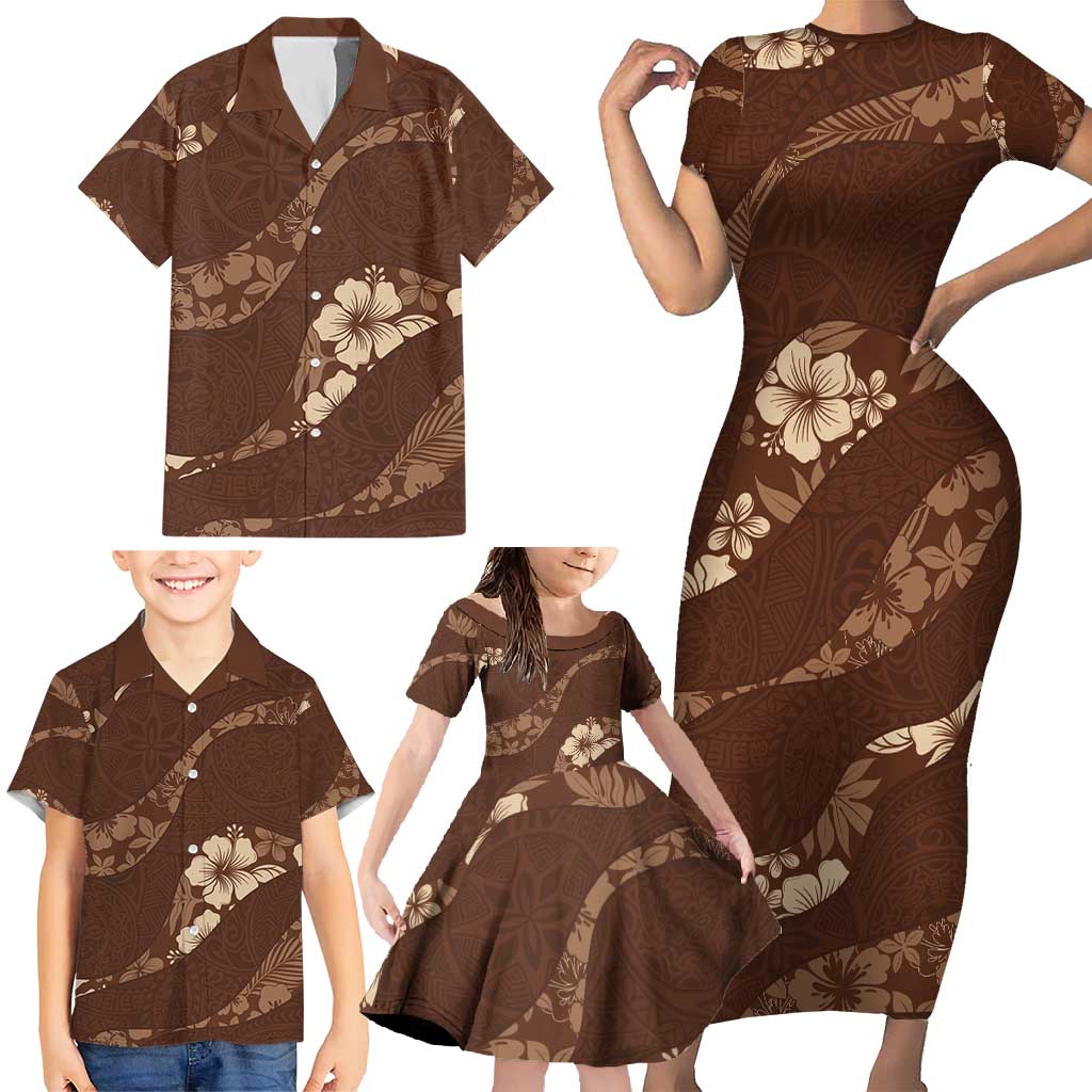 Aloha Hawaii Floral Tapa Family Matching Short Sleeve Bodycon Dress and Hawaiian Shirt Patchwork Mocha - Polynesian Pride