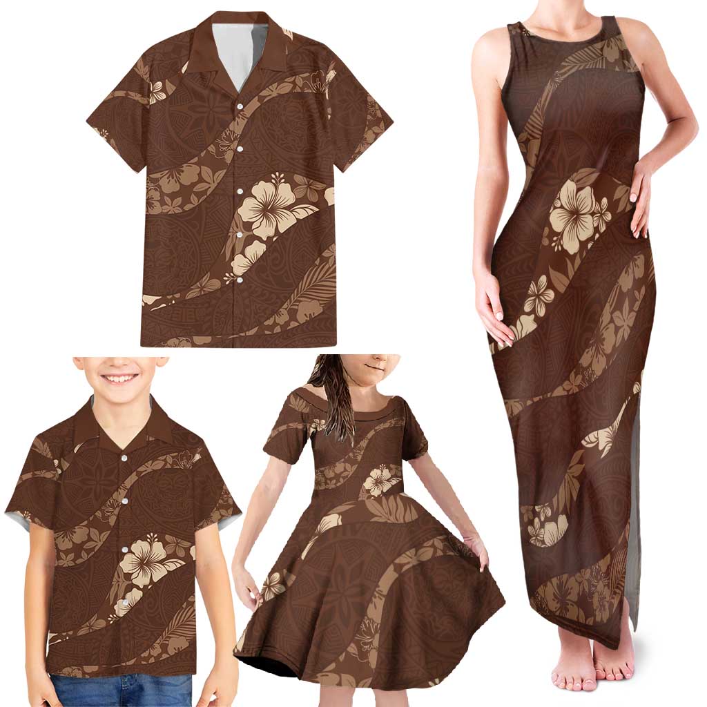 Aloha Hawaii Floral Tapa Family Matching Tank Maxi Dress and Hawaiian Shirt Patchwork Mocha - Polynesian Pride