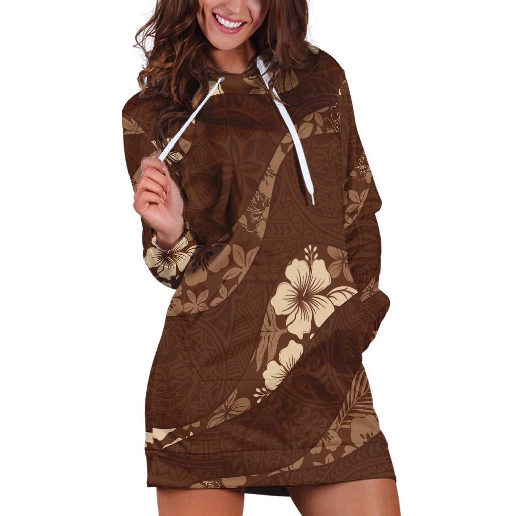 Aloha Hawaii Floral Tapa Hoodie Dress Patchwork Mocha - Polynesian Pride