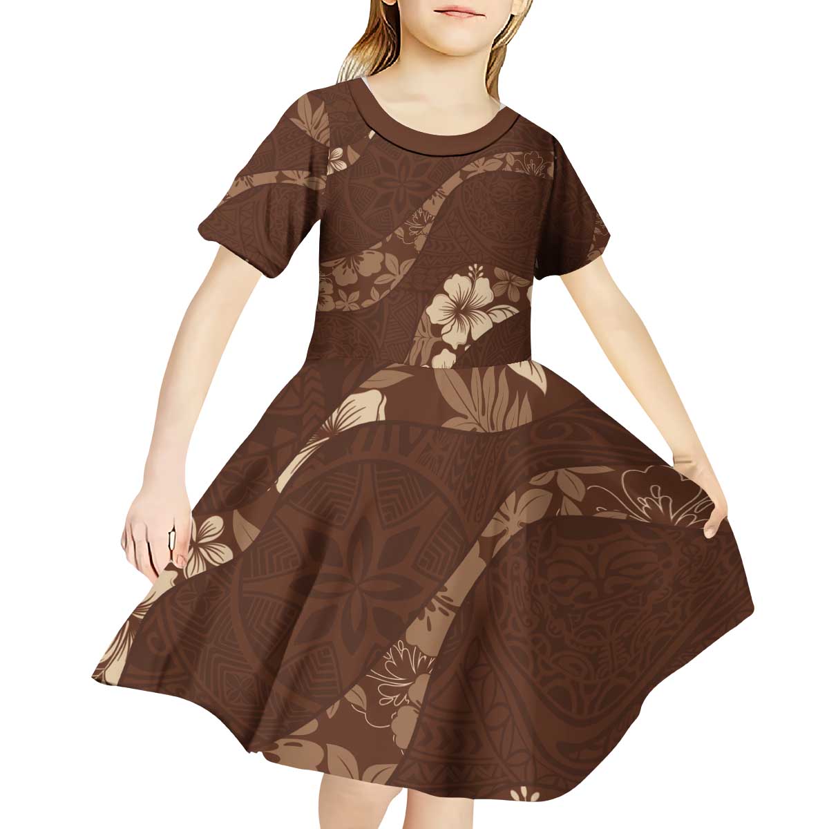 Aloha Hawaii Floral Tapa Kid Short Sleeve Dress Patchwork Mocha - Polynesian Pride
