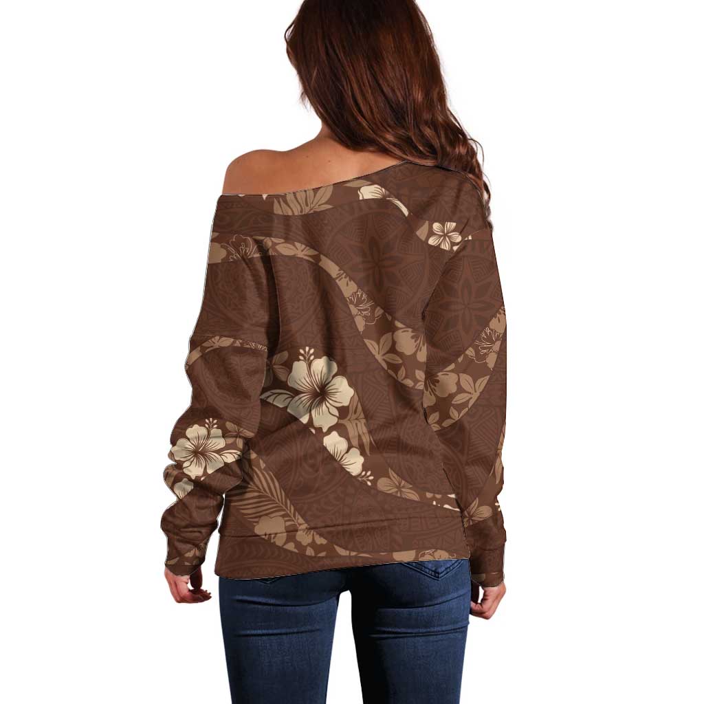 Aloha Hawaii Floral Tapa Off Shoulder Sweater Patchwork Mocha - Polynesian Pride
