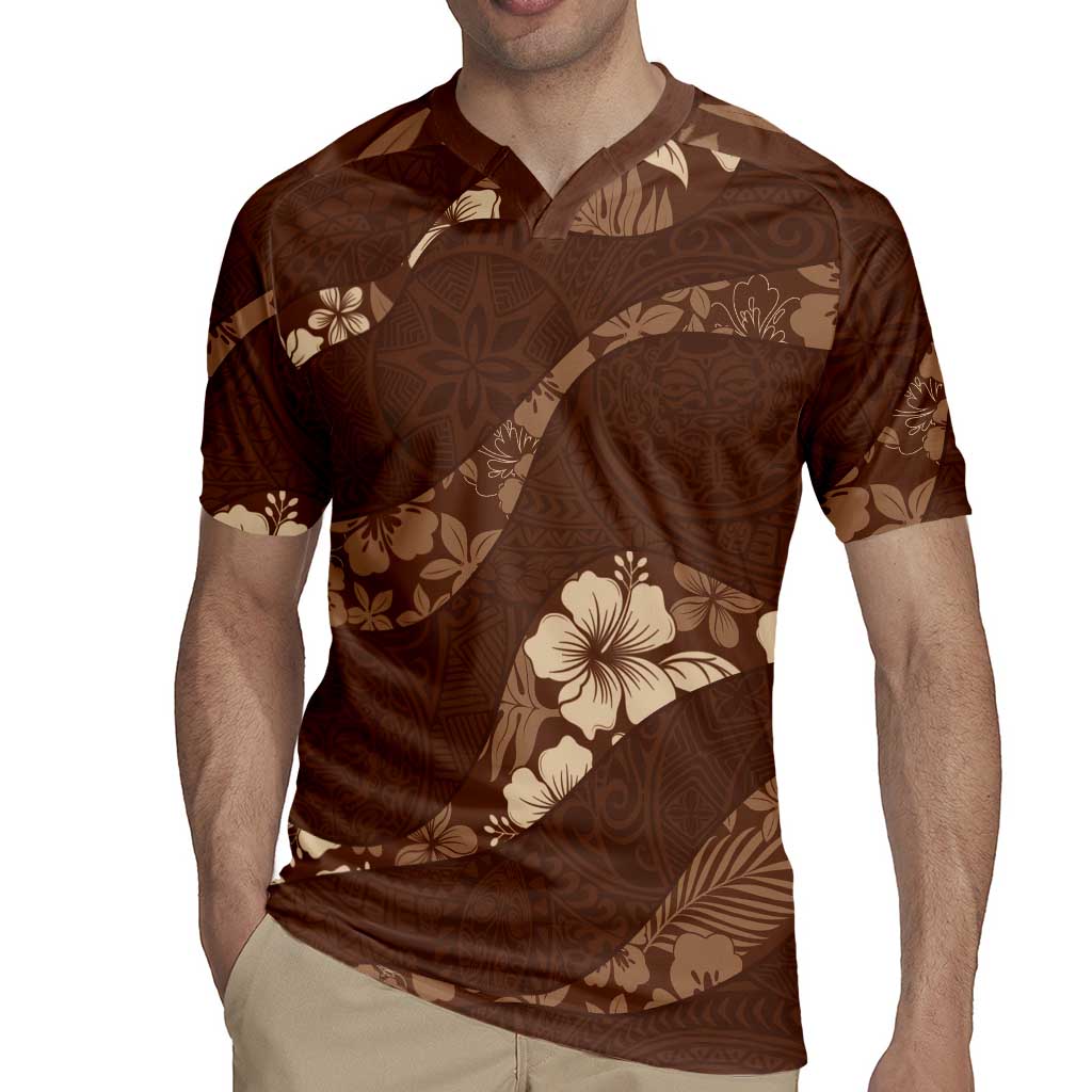 Aloha Hawaii Floral Tapa Rugby Jersey Patchwork Mocha - Polynesian Pride