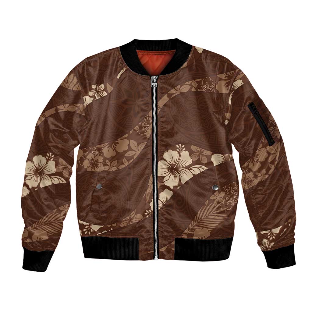 Aloha Hawaii Floral Tapa Sleeve Zip Bomber Jacket Patchwork Mocha - Polynesian Pride