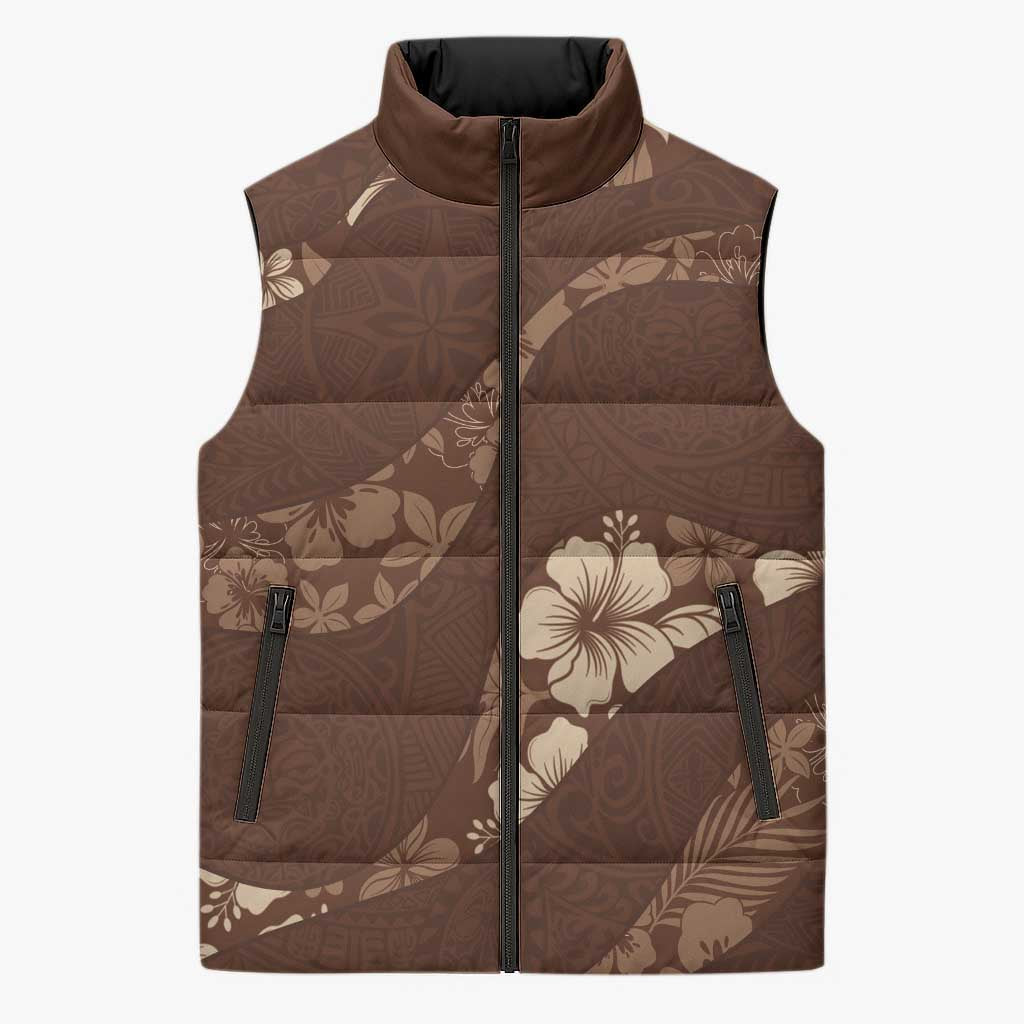 Aloha Hawaii Floral Tapa Sleeveless Puffer Jacket Patchwork Mocha - Polynesian Pride