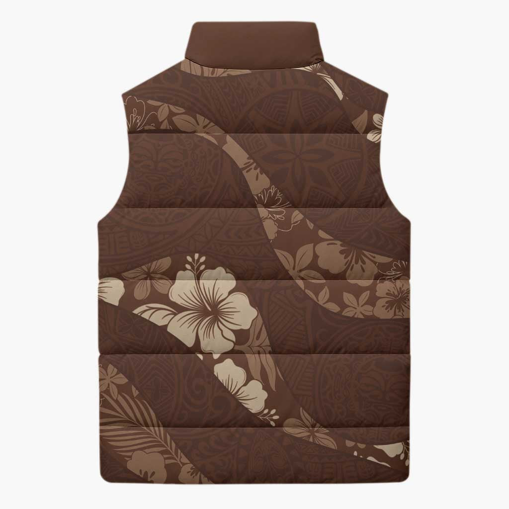 Aloha Hawaii Floral Tapa Sleeveless Puffer Jacket Patchwork Mocha - Polynesian Pride