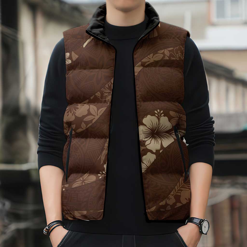 Aloha Hawaii Floral Tapa Sleeveless Puffer Jacket Patchwork Mocha - Polynesian Pride