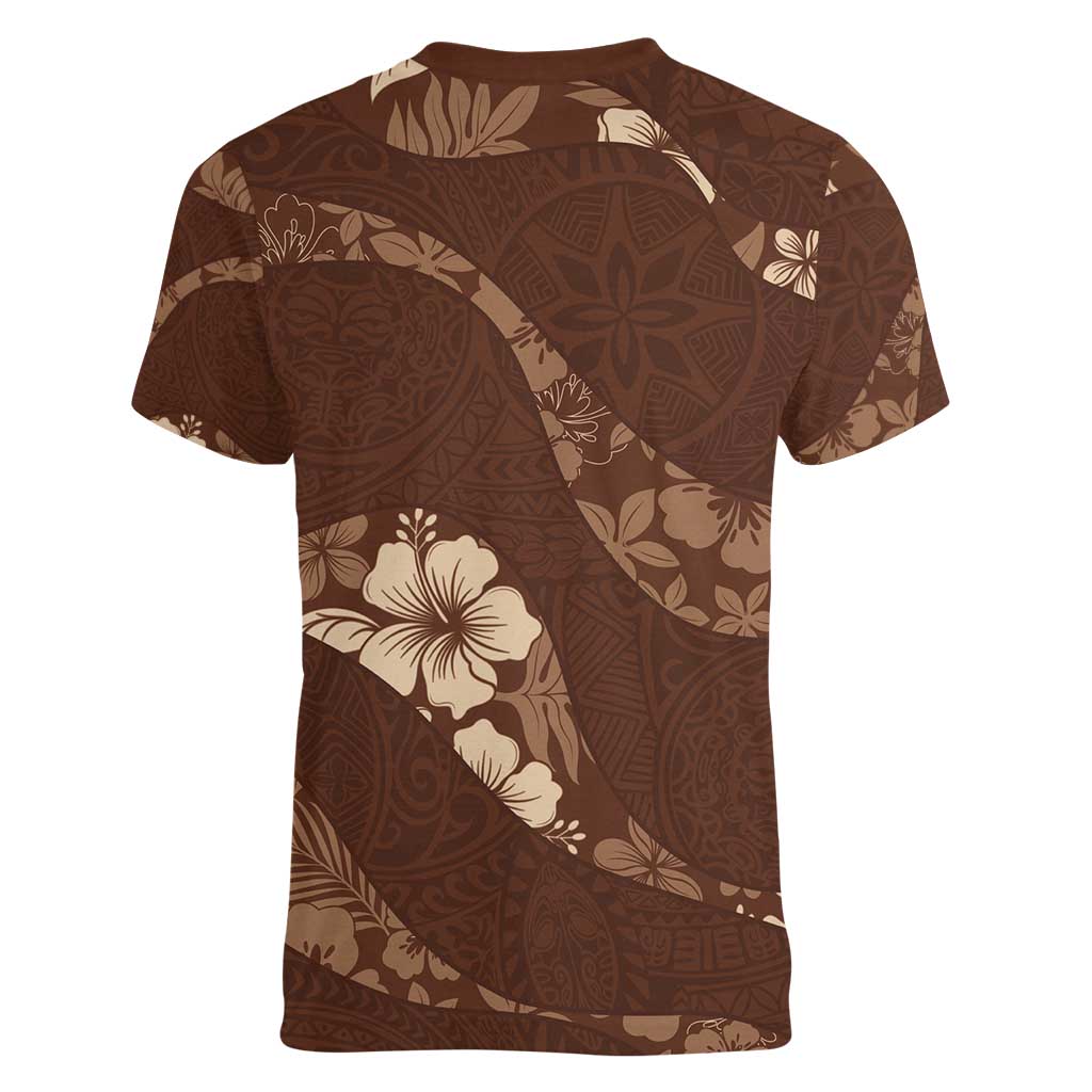 Aloha Hawaii Floral Tapa Women V-Neck T-Shirt Patchwork Mocha - Polynesian Pride
