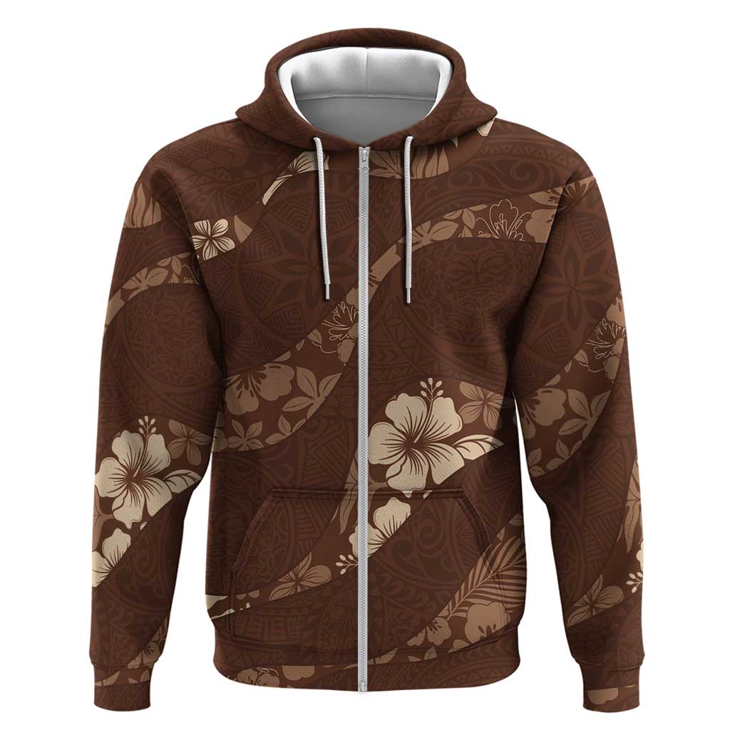 Aloha Hawaii Floral Tapa Zip Hoodie Patchwork Mocha - Polynesian Pride