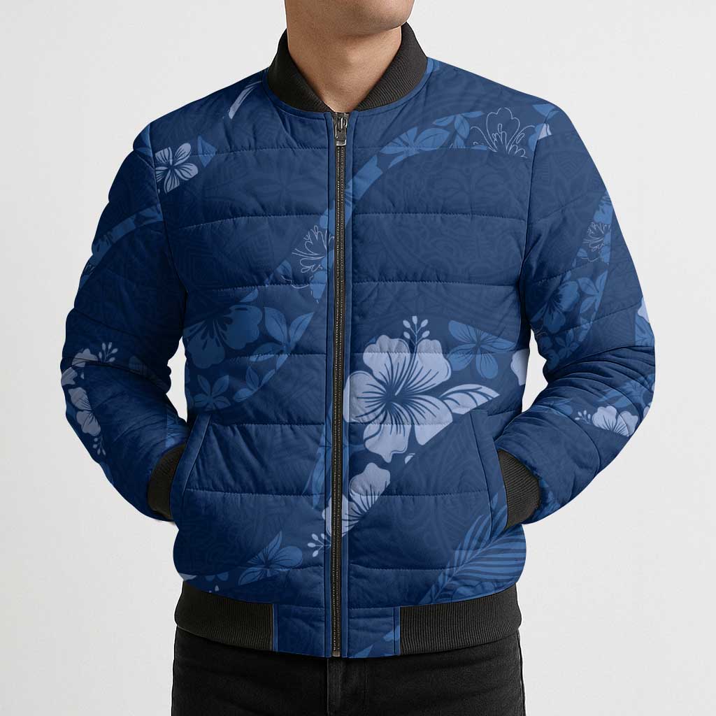 Aloha Hawaii Floral Tapa Bomber Puffer Jacket Patchwork Navy - Polynesian Pride