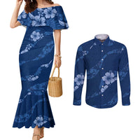 Aloha Hawaii Floral Tapa Couples Matching Mermaid Dress and Long Sleeve Button Shirt Patchwork Navy - Polynesian Pride