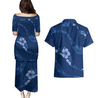 Aloha Hawaii Floral Tapa Couples Matching Puletasi and Hawaiian Shirt Patchwork Navy - Polynesian Pride