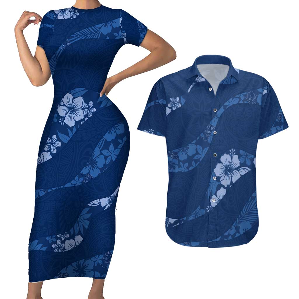 Aloha Hawaii Floral Tapa Couples Matching Short Sleeve Bodycon Dress and Hawaiian Shirt Patchwork Navy - Polynesian Pride