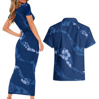 Aloha Hawaii Floral Tapa Couples Matching Short Sleeve Bodycon Dress and Hawaiian Shirt Patchwork Navy - Polynesian Pride