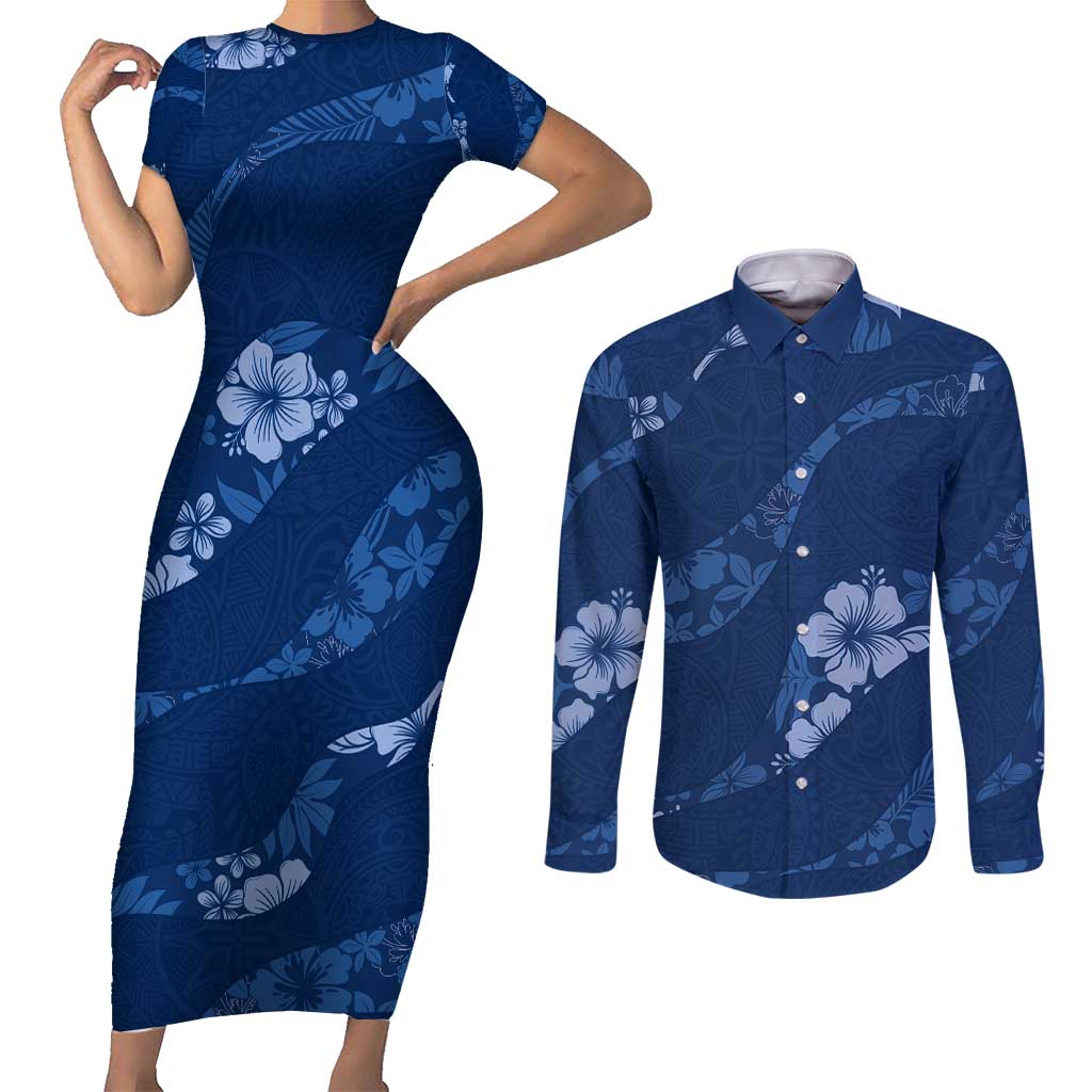 Aloha Hawaii Floral Tapa Couples Matching Short Sleeve Bodycon Dress and Long Sleeve Button Shirt Patchwork Navy - Polynesian Pride