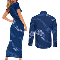 Aloha Hawaii Floral Tapa Couples Matching Short Sleeve Bodycon Dress and Long Sleeve Button Shirt Patchwork Navy - Polynesian Pride