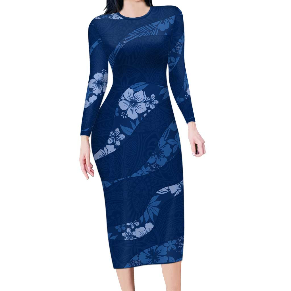 Aloha Hawaii Floral Tapa Family Matching Long Sleeve Bodycon Dress and Hawaiian Shirt Patchwork Navy - Polynesian Pride