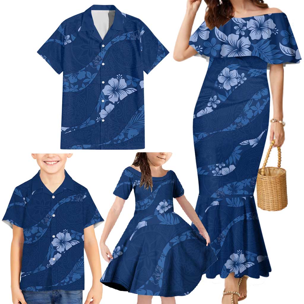 Aloha Hawaii Floral Tapa Family Matching Mermaid Dress and Hawaiian Shirt Patchwork Navy - Polynesian Pride