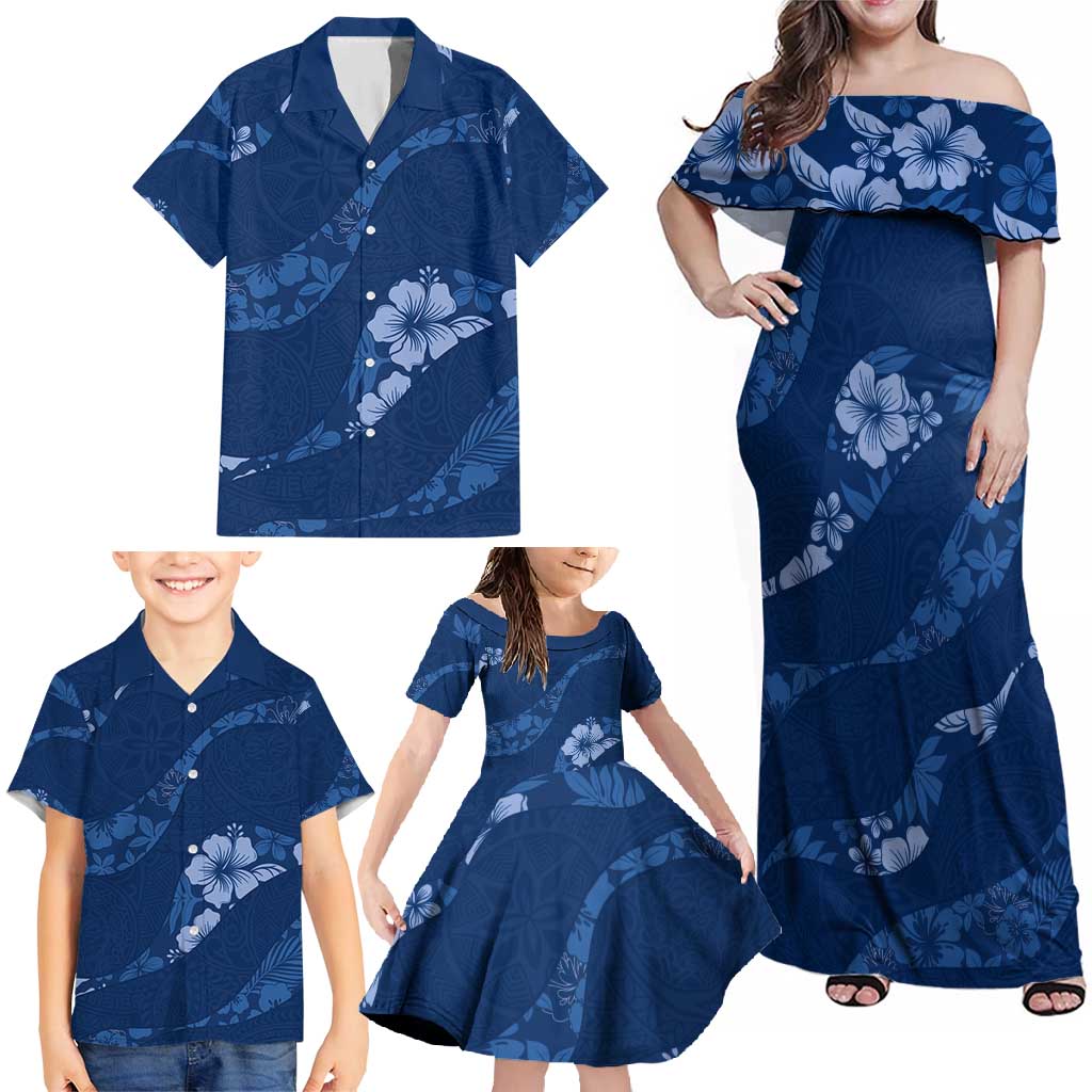 Aloha Hawaii Floral Tapa Family Matching Off Shoulder Maxi Dress and Hawaiian Shirt Patchwork Navy - Polynesian Pride