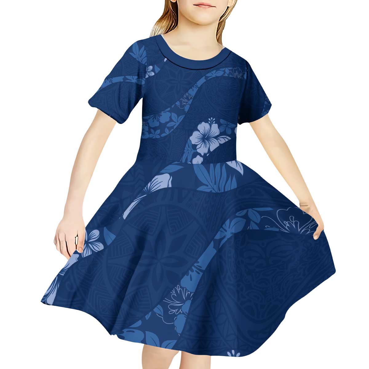 Aloha Hawaii Floral Tapa Kid Short Sleeve Dress Patchwork Navy - Polynesian Pride